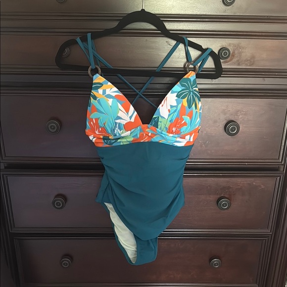 Cupshe Teal and Floral One Piece Swimsuit - Picture 1 of 4